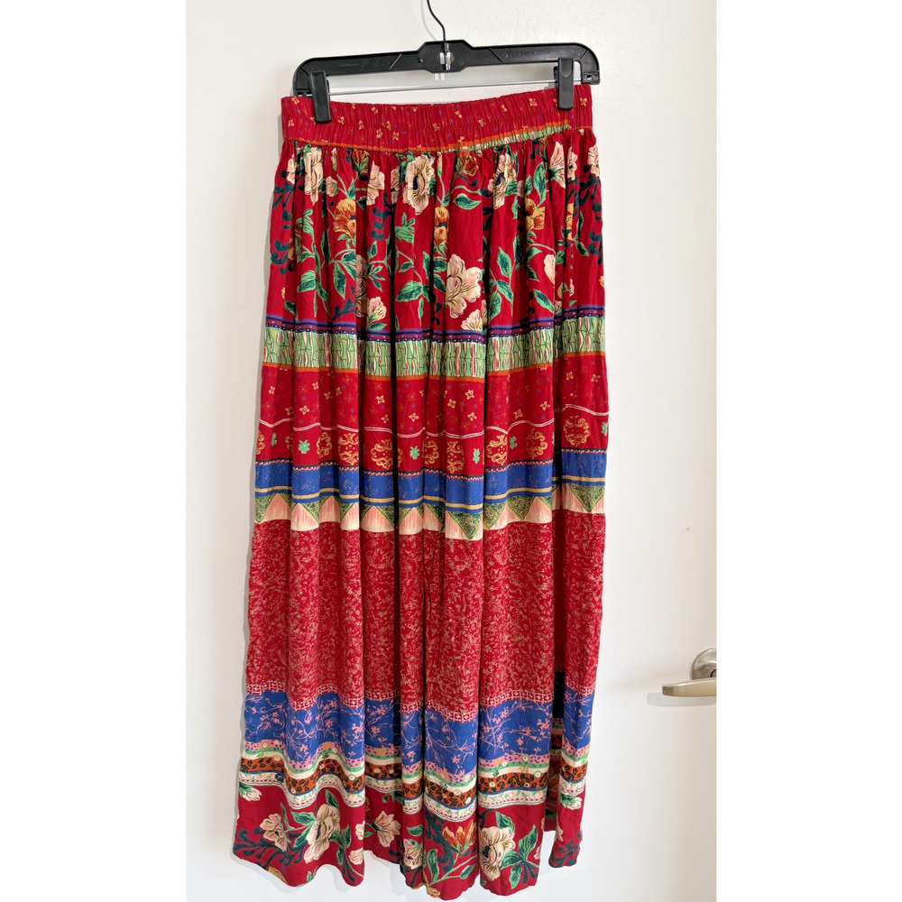 Vintage Red Blue Floral Maxi Skirt Womens large Boho Striped Rayon Cottagecore - Picture 4 of 9